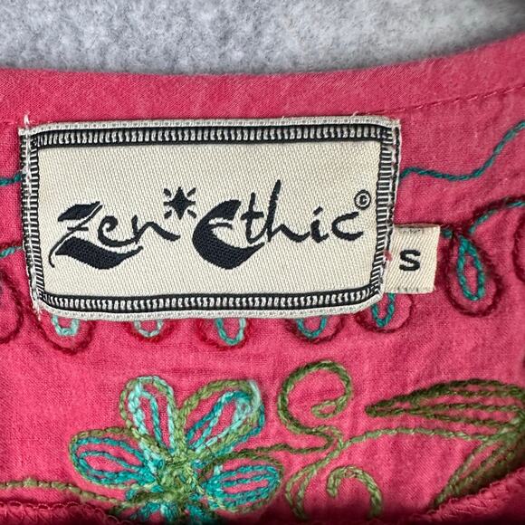 Zen Ethic Embroidered Mini Dress Size Small Pink Ruffle Dress Tunic Hippie Boho - Picture 3 of 10